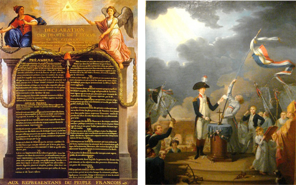 Left: Declaration of the Rights of Man, drafted by the Marquis de Lafayette and Thomas Jefferson. Right: Lafayette giving a speech in 1790. Both images: Wikipedia