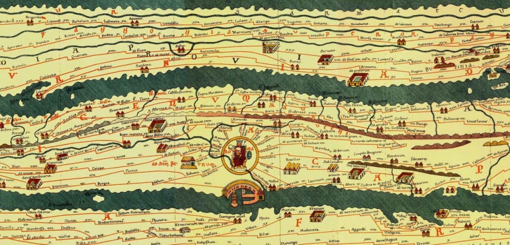 Peutinger Map, 13th c., from a facsimile of 1887-1888. Original is at the Austrian National Library, Vienna.