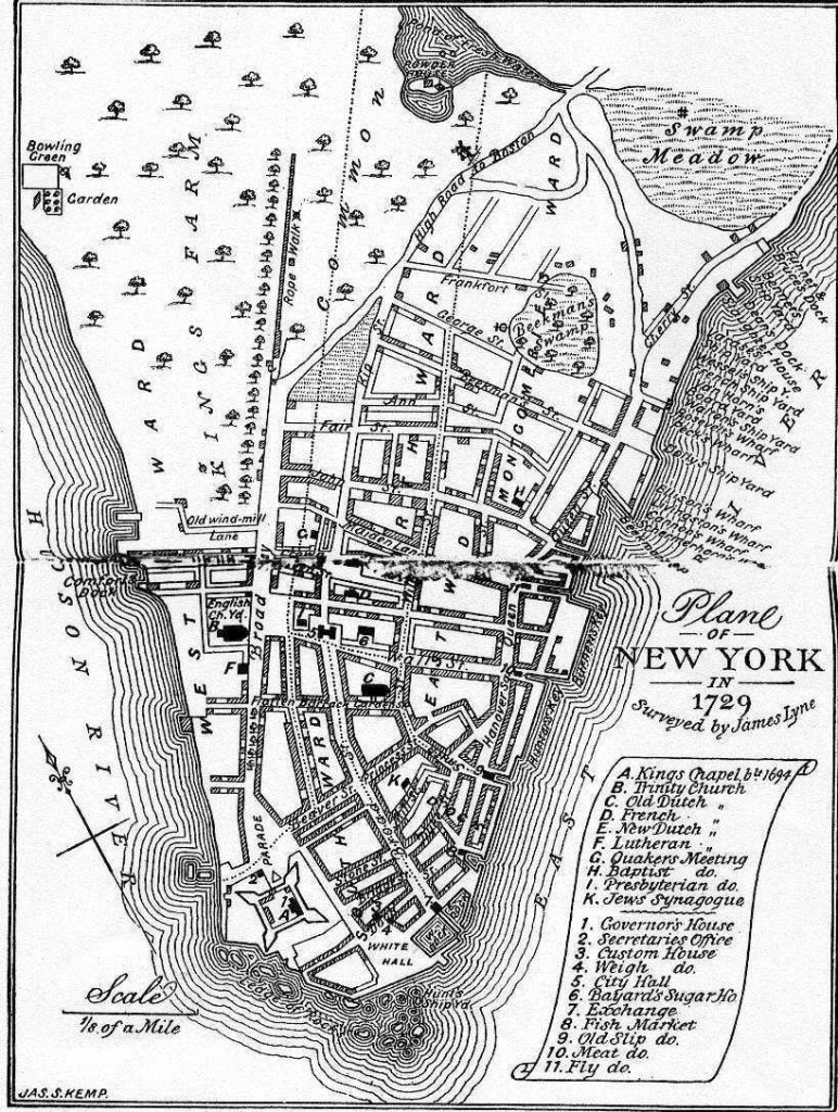 View of New York almost 60 years later, under the British: a 1729 map (not sure if this is the original, or a later, cleaned-up version).