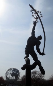 Donald De Lue, Rocket Thrower, 1964, with the Unisphere in the background. Photo: Dianne L. Durante