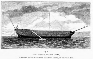 Ship "Jersey," dismasted and rudderless, used to house prisoners in Wallabout Bay. Image: Wikipedia.