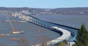 Aerial view of Tappan Zee Bridge and new bridge, as of late March 2016. Photo: New York State.