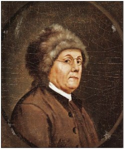 John Trumbull, portrait of Benjamin Franklin as ambassador to France, wearing his oh-so-American fur hat and plain Quaker clothing. Yale University Art Gallery.