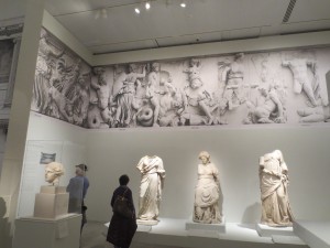 On the wall: full-size photographs of the Great Altar of Pergamon, ca. 200-150 BC. Berlin, Pergamon Museum. Photo: Dianne L. Durante