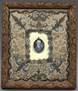 Ivory miniature of Alexander Hamilton, by Charles Wilson Peale, possibly in 1780 on the occasion of his marriage. The embroidered mat has been attributed to Eliza. Image: Columbia University