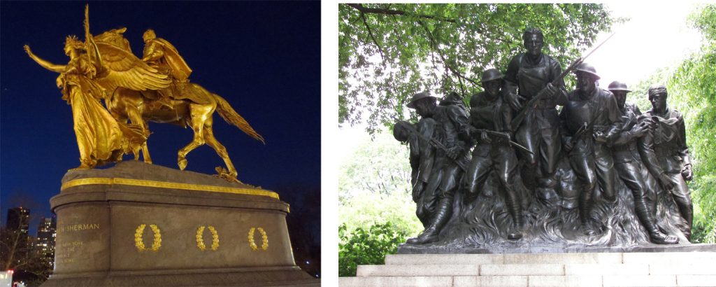 Augustus Saint Gaudens, Sherman Monument, dedicated 1903. Karl Illava, 107th Infantry Monument, 1926-27. Both photos copyright (c) 2016 Dianne L. Durante
