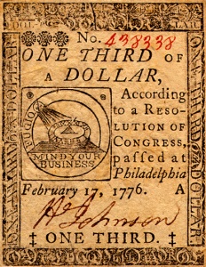 A sample of Continental currency, 1776. "Mind your business" is such a lovely motto for currency!