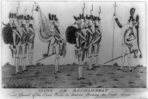Rochambeau reviewing troops, in a British cartoon of 1780