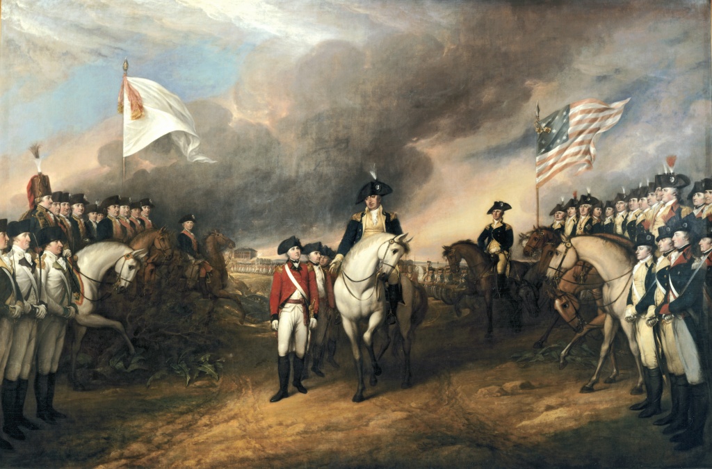 Trumbull, Surrender at Yorktown, painted 17__. According to Flexner in Young Hamilton, the figures standing at the far right are Hamilton (near the edge of the painting) and John Laurens.