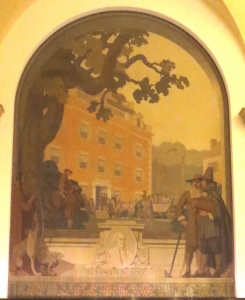 First mural: honors General Alexander McDougall,(d. 1786), first president of the Bank of New York. That's probably Walton House (the BNY's first home) in the background. Photo copyright (c) 2016 Dianne L. Durante