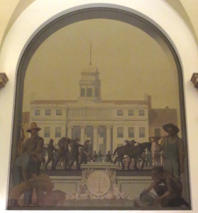Fifth mural: "Agriculture and Mining," The building in the background is probably the original Merchants Exchange (1827), in which a 15-foot tall sculpture of Hamilton was dedicated in 1835. The building and the sculpture were reduced to rubble in the Great Fire of 1835. Photo copyright (c) 2016 Dianne L. Durante