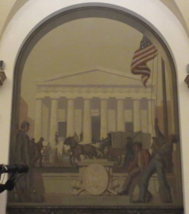 Sixth mural: "National Credit, 186__." In the background is Federal Hall at Wall and Broad Streets. Photo copyright (c) 2016 Dianne L. Durante
