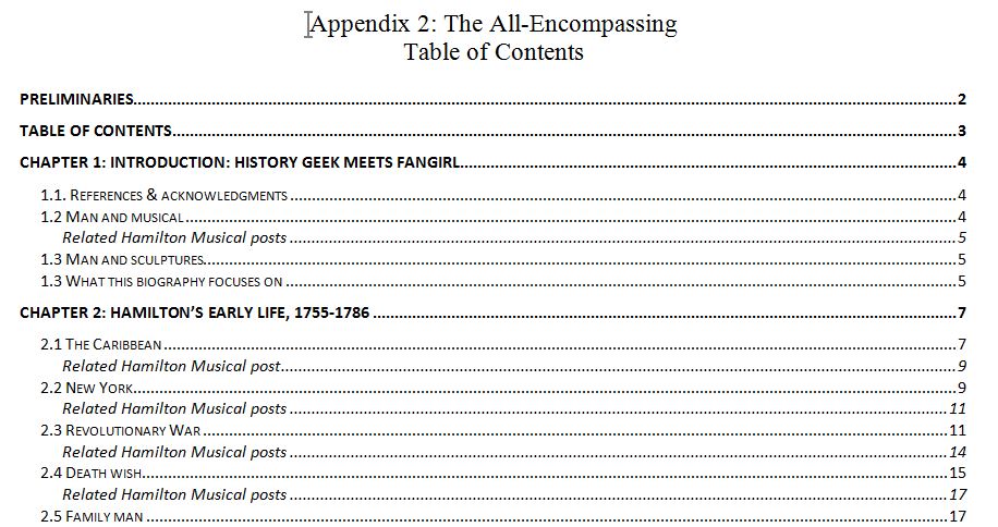 Beginning of the full-length table of contents for Alexander Hamilton: A Brief Biography.
