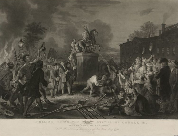 Statue of George III being pulled down at Bowling Green, 1776. Engraving after a painting by Johannes Adam Simon Oertel (1852-53) at the New-York Historical Society. Photo of this engraving: Library of Congress