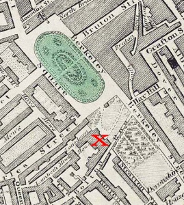 Map showing Lansdowne House in the early 1800s, just below the lower end of the green oval (Berkeley Square). Image: Wikipedia